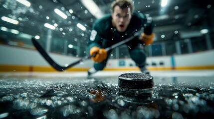 Intense hockey player preparing to shoot the puck on the ice rink