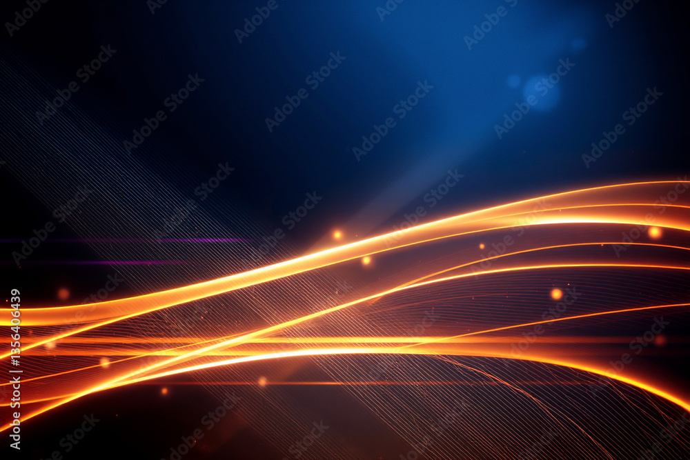 Poster Abstract design featuring luminous orange lines flowing across a dark blue backdrop.  The dynamic composition evokes energy and movement with glowing light trails.