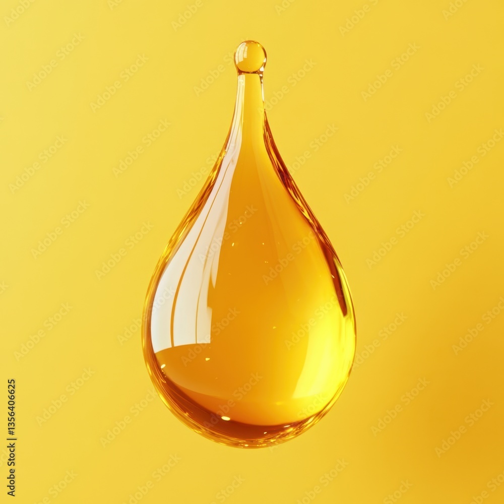 Poster golden liquid drop suspended in air on a vibrant yellow background capturing fluid dynamics with a s
