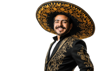  smiling man in traditional Mexican attire with decorated sombrero and jacket isolated on transparent white background