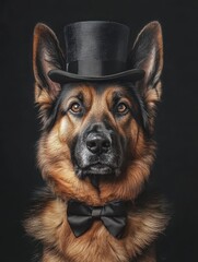 German shepherd dog portrait looks straight in top hat and the bow tie