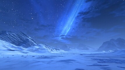 Fototapeta premium Winter expanse under celestial illumination, snowy peaks meet nightsky