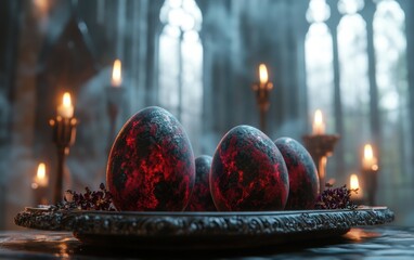 Happy Easter Sunday background, A collection of deep red and black marbled Easter eggs resting on a tarnished silver tray, surrounded by mist and dark candles, set against a gothic cathedral
