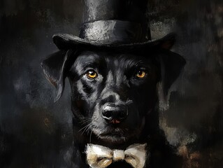 Black labrador dog portrait looks straight in top hat and the bow tie
