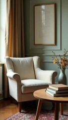 Soft armchair, stacked books, wooden coffee table, window view, cozy corner, house, minimalist