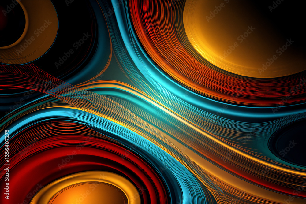 Poster a vibrant abstract design featuring flowing curved lines and circles. bold shades of blue, orange, a