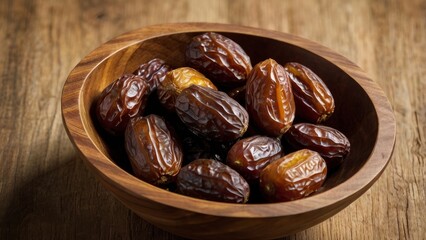 Obraz premium A Wooden Bowl Filled with Dates on a Wooden Surface