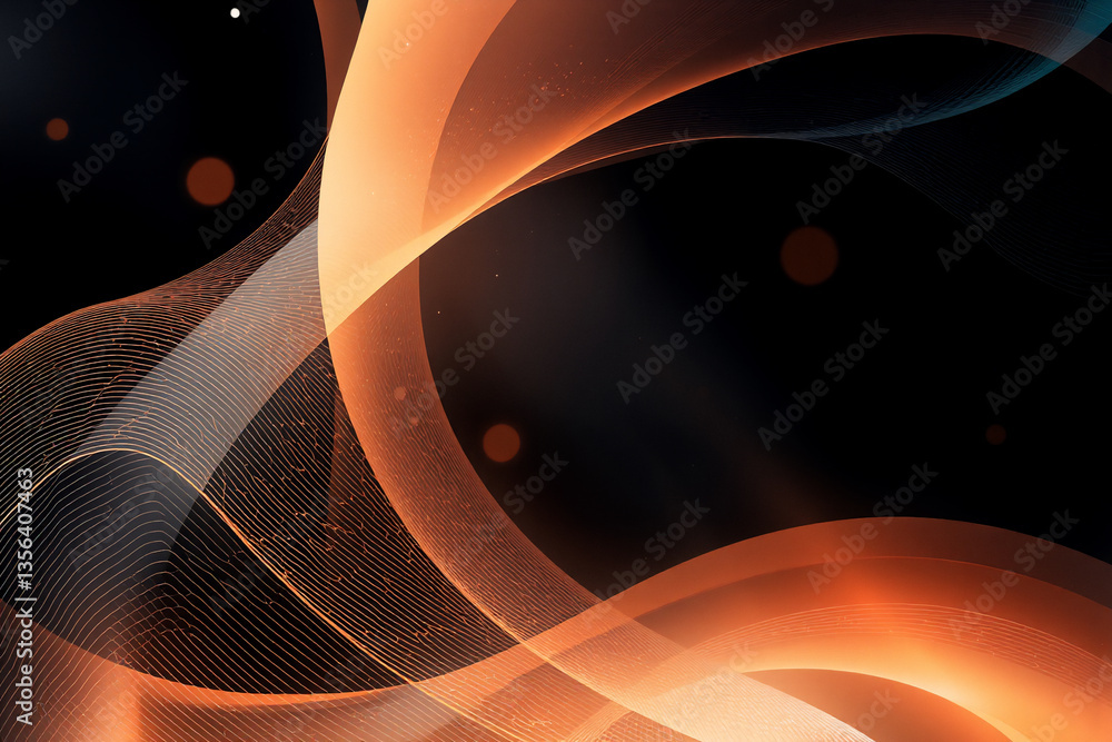 Poster Abstract background with flowing orange and white lines creating dynamic curves on a dark backdrop. Bokeh circles add depth to the elegant composition.