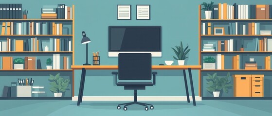 Modern Workspace Illustration with Bookshelves Desk and Computer for Remote Work and Study Environment