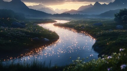 Obraz premium Serene river landscape at dusk with magical ethereal shimmering lights