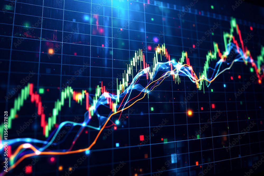 Poster brightly colored graph lines depict data fluctuations against a dark blue grid backdrop. the image s
