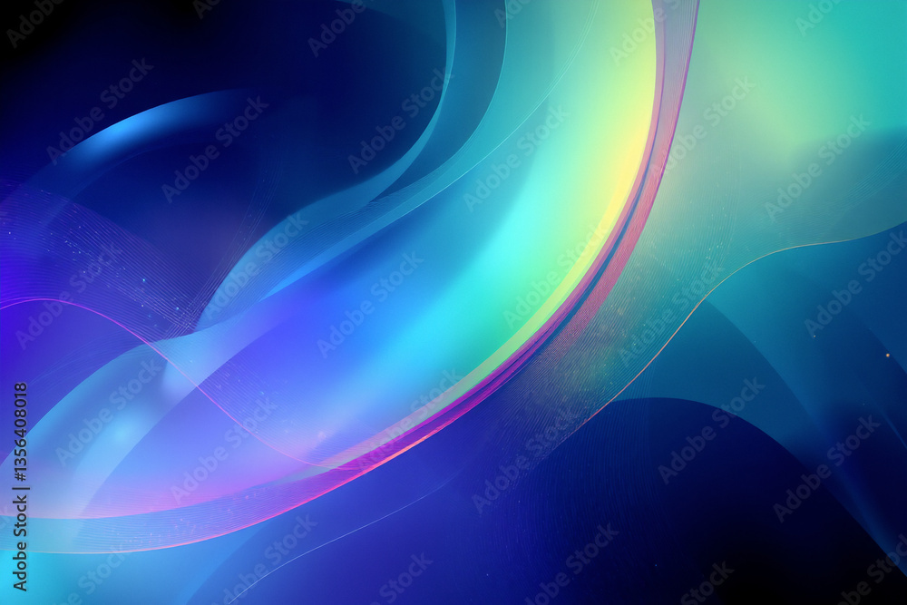 Poster abstract image with flowing shapes in blue, cyan, green, yellow, and purple. soft, luminous, wave-li