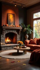 Warm autumnal hues in a living room, plush textures, inviting fireplace , cushions, sofa, natural light