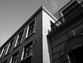 Modern architectural building with sharp angles and contrasting shadows under a cloudy sky