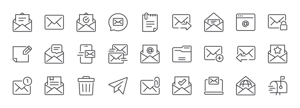 Set of Mail Line Icons. E-Mail, Envelope, Mailbox, Message. Editable Stroke. Pixel Perfect.