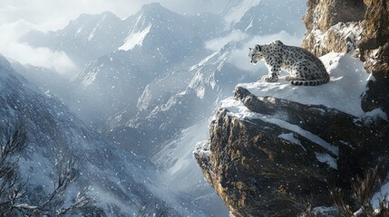 Snow Leopard's Vigil, A majestic predator in a frigid mountain realm