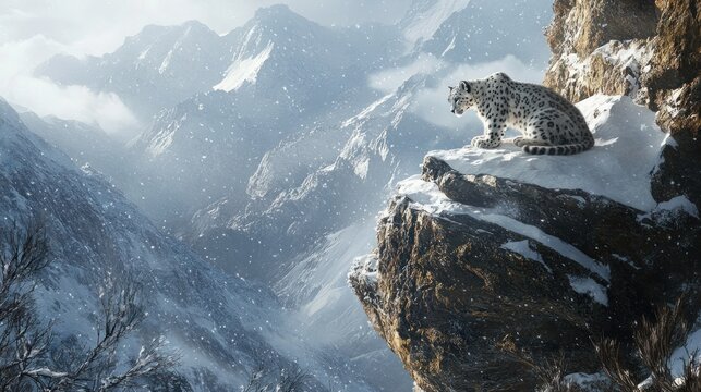 Snow Leopard's Vigil, A majestic predator in a frigid mountain realm