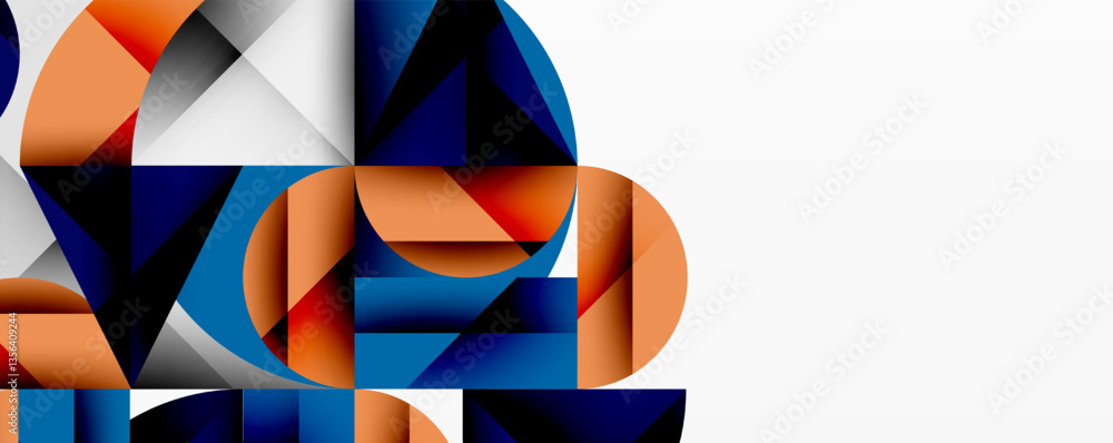 Poster Abstract geometric artwork with overlapping circles and gradients, circle square triangle shapes background featuring sharp angular cuts, smooth shading, and structured layered composition