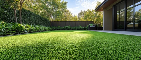 Lush Backyard Oasis with Vibrant Green Artificial Turf and Modern Home Exterior on Sunny Day