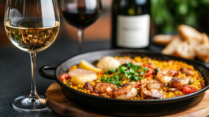 Delicious paella served with wine and bread, perfect for cozy meal