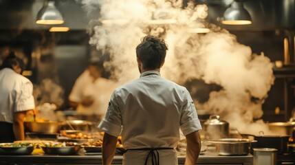 A chef stands watching food preparation in a busy kitchen setting