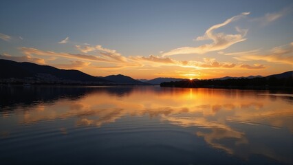 Jet d'Eau Sunset in Switzerland Geneva showcases vibrant colors reflecting on calm waters. Concept of tranquility captured in Jet d'Eau Sunset in Switzerland Geneva landscape.