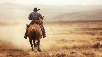 A cowboy on horseback rides through the vast open prairie landscape