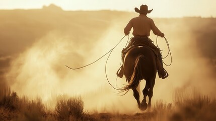 A cowboy rides a horse away across a dusty landscape