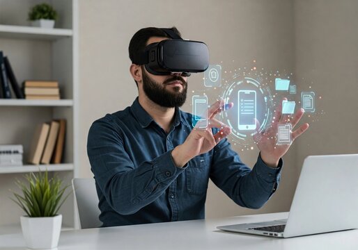 Man wearing a VR headset interacting with a futuristic virtual interface. Concept of augmented reality, digital transformation, remote work, metaverse, AI, cloud computing, and virtual collaboration.
 - Powered by Adobe