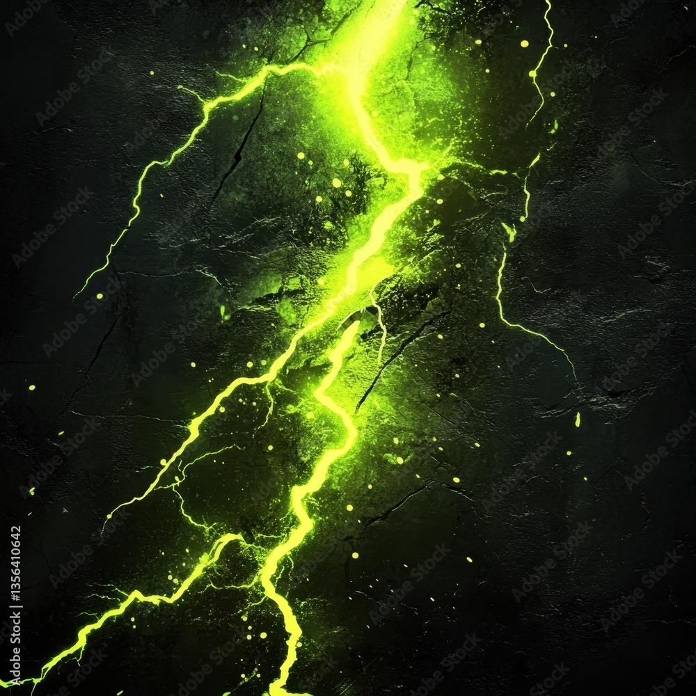 Poster dynamic composition of vibrant green lightning striking across a dark textured surface creating a dr