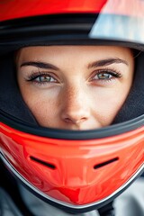 Female racer in helmet, light accents only her face 