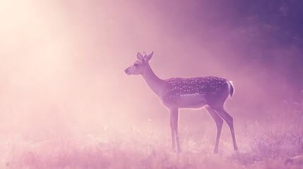 Obraz premium Young deer in misty sunrise.