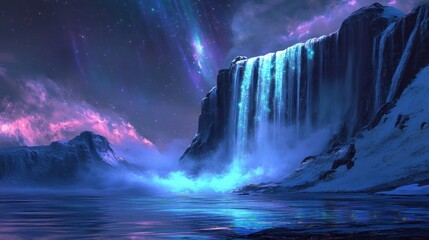 Mystical waterfall cascading under the ethereal glow of a cosmic aurora
