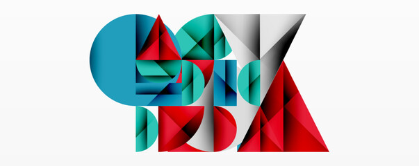 Modern abstract composition with layered circles and angular segments featuring gradients, transparency effects, and a structured geometric layout