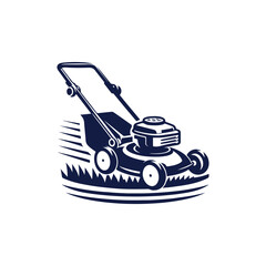 Fototapeta premium Lawn mower logo on white background. Logo featuring a man mowing the grass for brand. Suitable for landscaping, gardening, outdoor services, lawn care businesses.