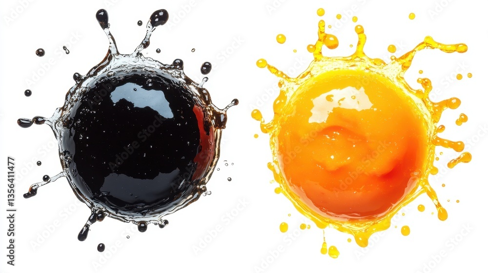 Poster dynamic splash of vibrant orange juice meets dark liquid in a captivating collision on a white canva