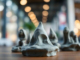 Obraz premium Sculptures of abstract figures made from clay on a wooden table with blurred background lights