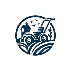 Lawn mower logo on white background. Logo featuring a man mowing the grass for brand. Suitable for landscaping, gardening, outdoor services, lawn care businesses.