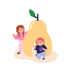 Children playing hide and seek at playground. Happy toddler, boy and girl at pear-shaped shelter. Kids fun, outdoor amusement, entertainment. Flat vector illustration isolated on white background