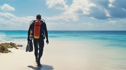 Scuba Diver Walks Towards The Ocean On A Sandy Beach