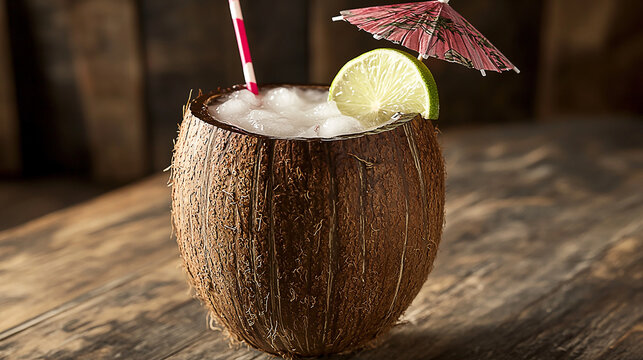 Refreshing coconut drink with lime and umbrella on rustic wooden table, tropical vibe
