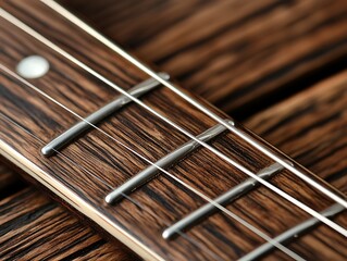 Close up image displaying a wooden fretboard with strings