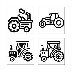A set of tractor icons featuring various farm and agricultural machinery, including red and green tractors, vehicles, and equipment, isolated on a white background