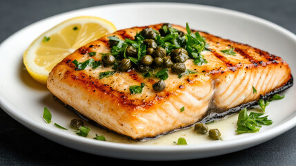 Grilled salmon steak garnished with capers and fresh herbs, served with lemon