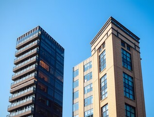 Obraz premium Two modern buildings contrasting in design under a clear blue sky, showcasing urban architecture