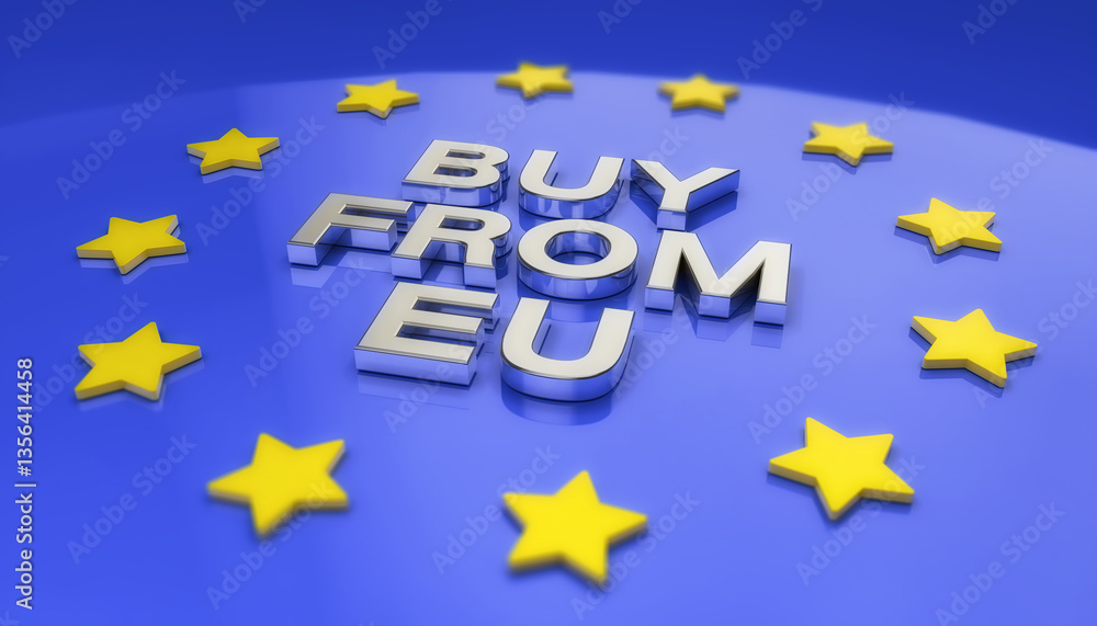 Poster 3d rendering of a blue surface with yellow stars symbolizing the european flag and a 3d text in silv