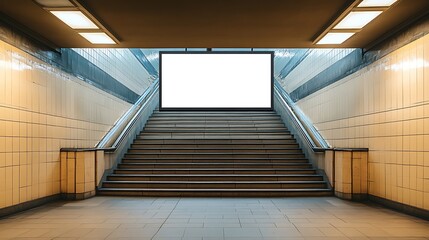 Obraz premium Empty Subway Station with Tiled Walls and Stairs, Empty subway station with tiled walls and stairs leading up, illuminated by fluorescent lights