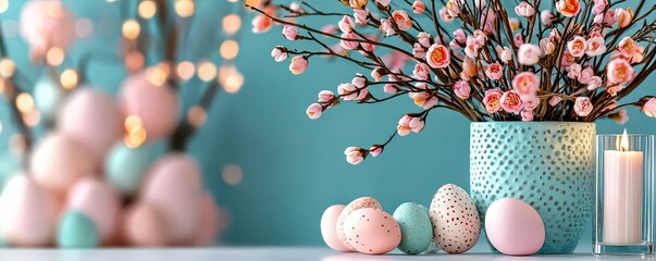 Elevate your Easter celebration with this charming and Aesthetic Easter table arrangement featuring soft pastel flowers like peach blossoms and delicate pinks, complemented by the warm glow of