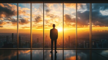 Obraz na płótnie Canvas Businessman Contemplating Cityscape Sunset