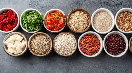 Fresh ingredients arranged in bowls, showcasing variety of grains, seeds, and vegetables